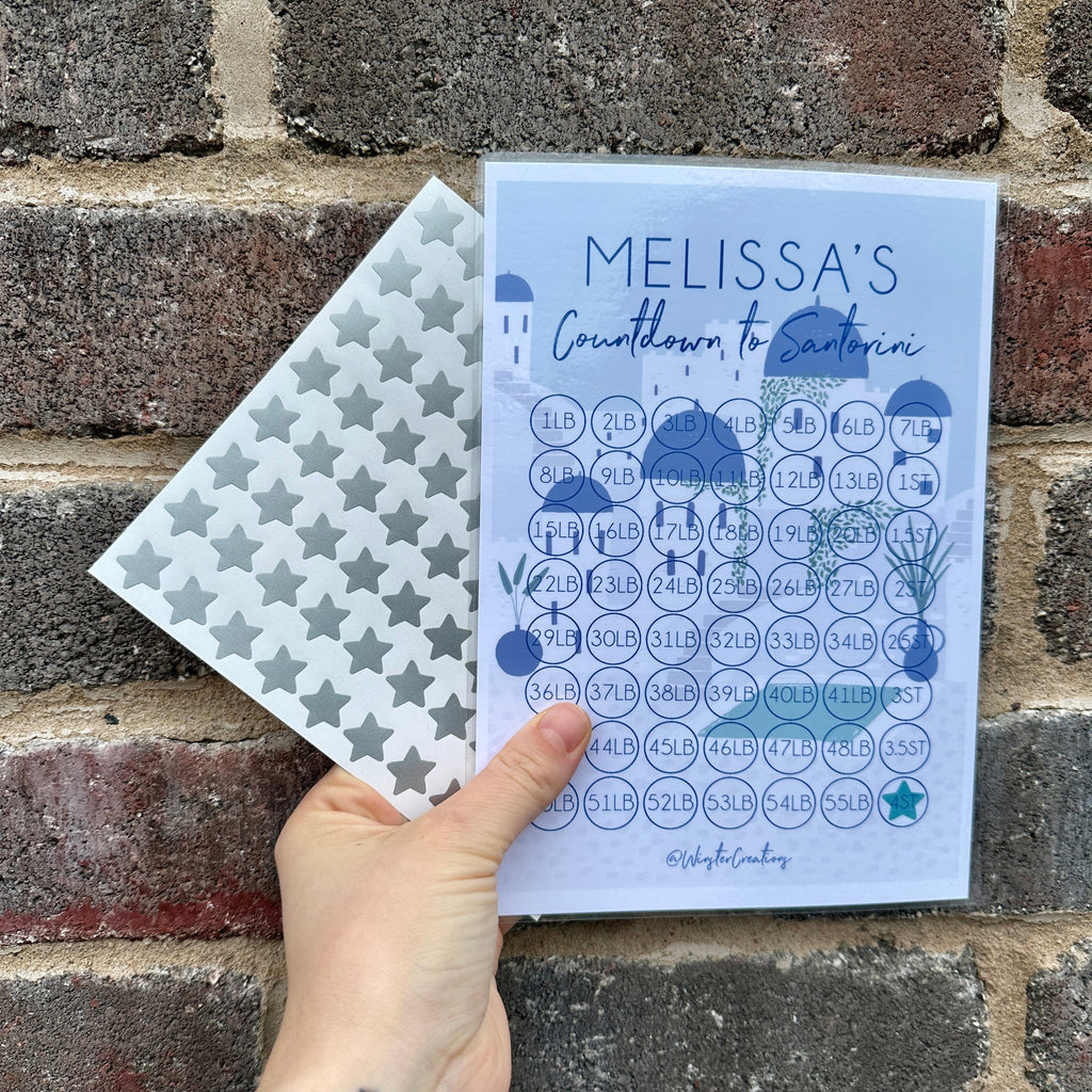 Personalised Name Countdown To Santorini Holiday Weight Loss Diet Slimming Chart Tracker Print - Laminated With Stars-1