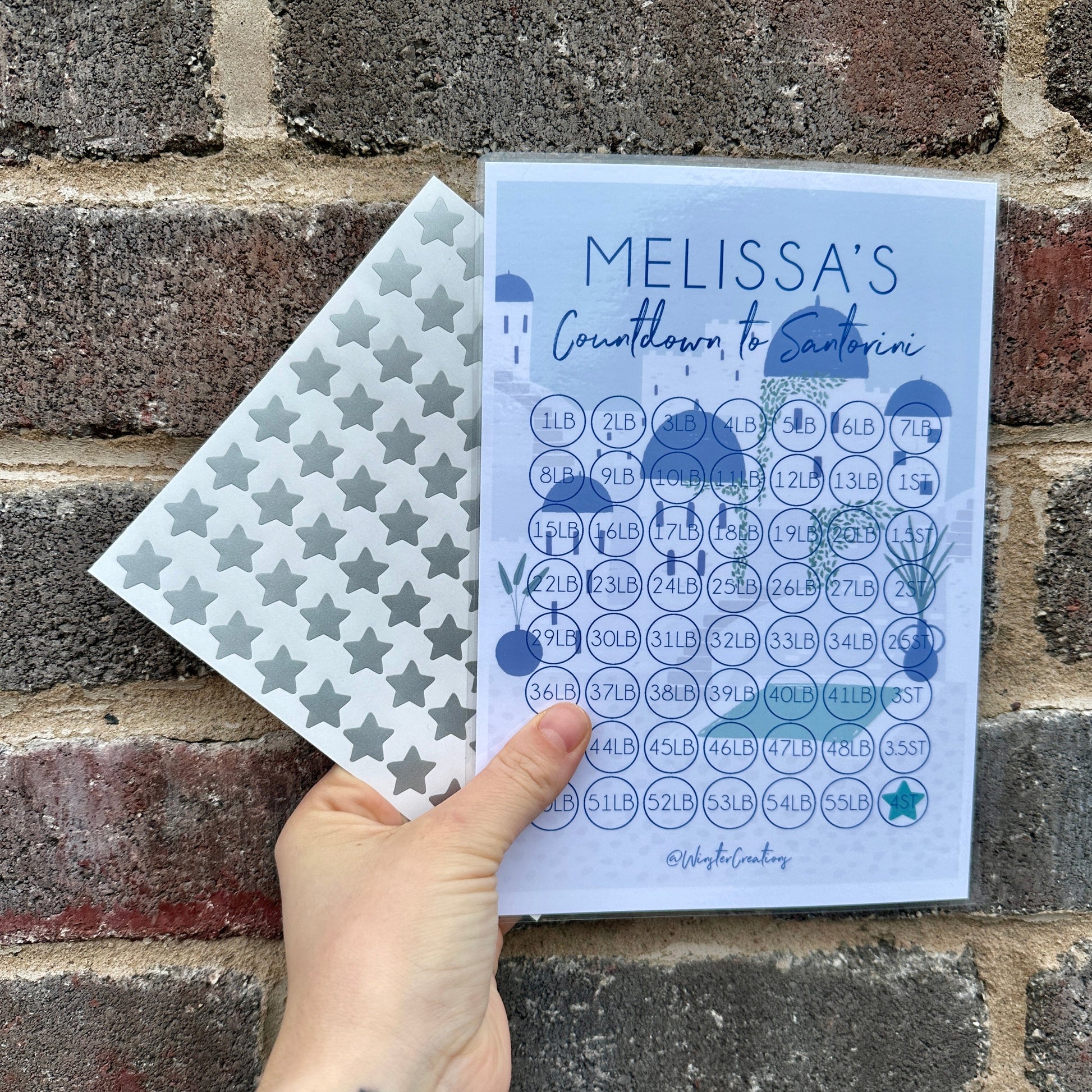 Personalised Name Countdown To Santorini Holiday Weight Loss Diet Slimming Chart Tracker Print - Laminated With Stars-1