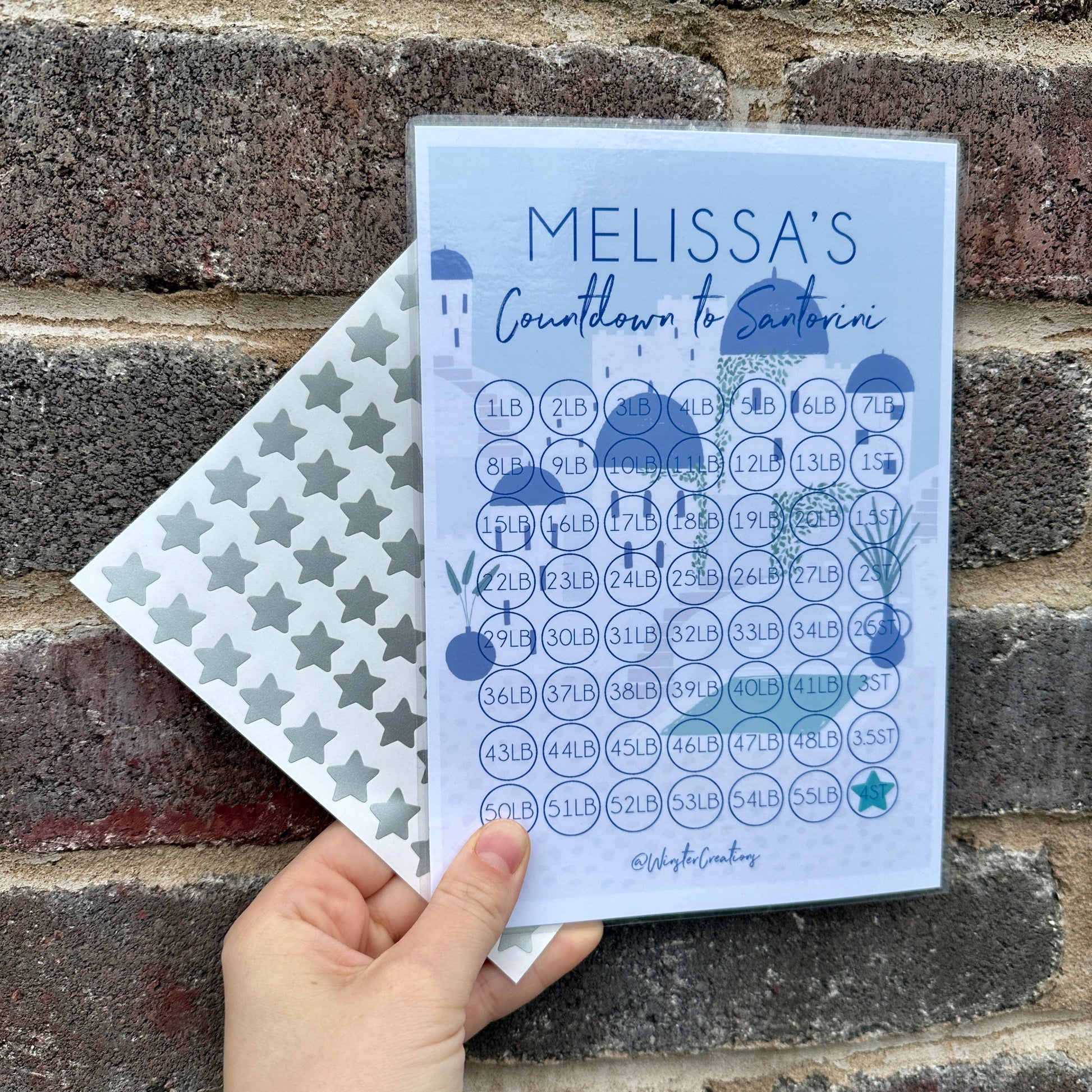 Personalised Name Countdown To Santorini Holiday Weight Loss Diet Slimming Chart Tracker Print - Laminated With Stars-0